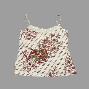 Floral cami top with lace trim and adjustable straps - white and red